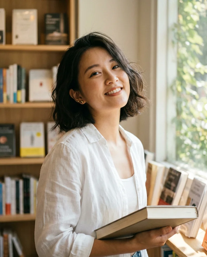 Illustrative profile of a woman in a bookshop