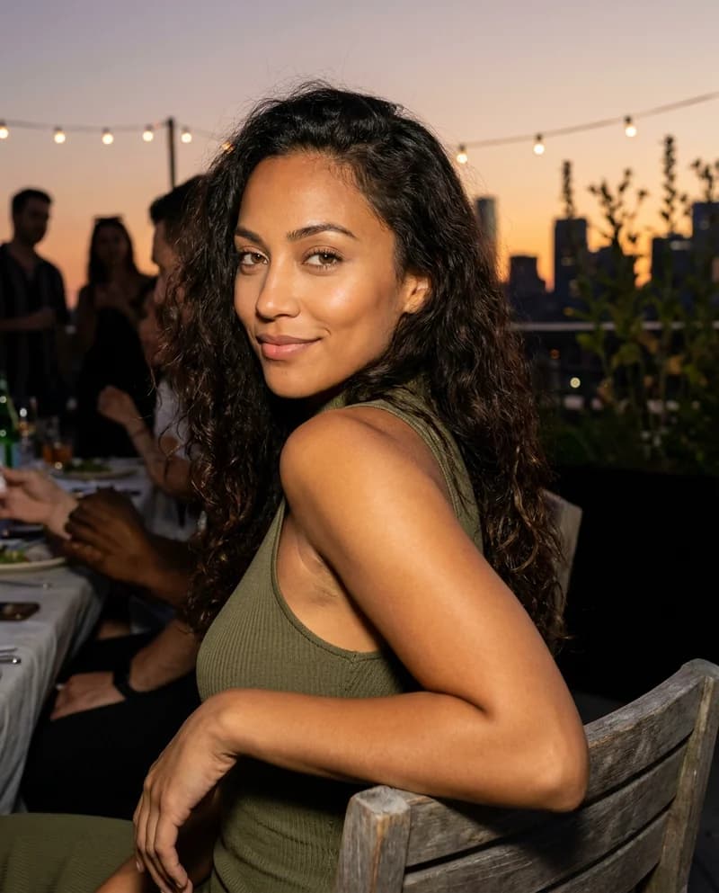 Illustrative profile of a woman on a rooftop